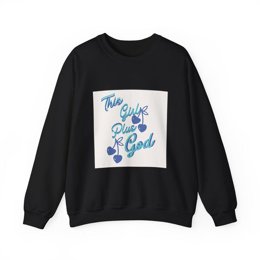 Crewneck Sweatshirt — "This Guy Plus God" Blue Heart Faith Graphic