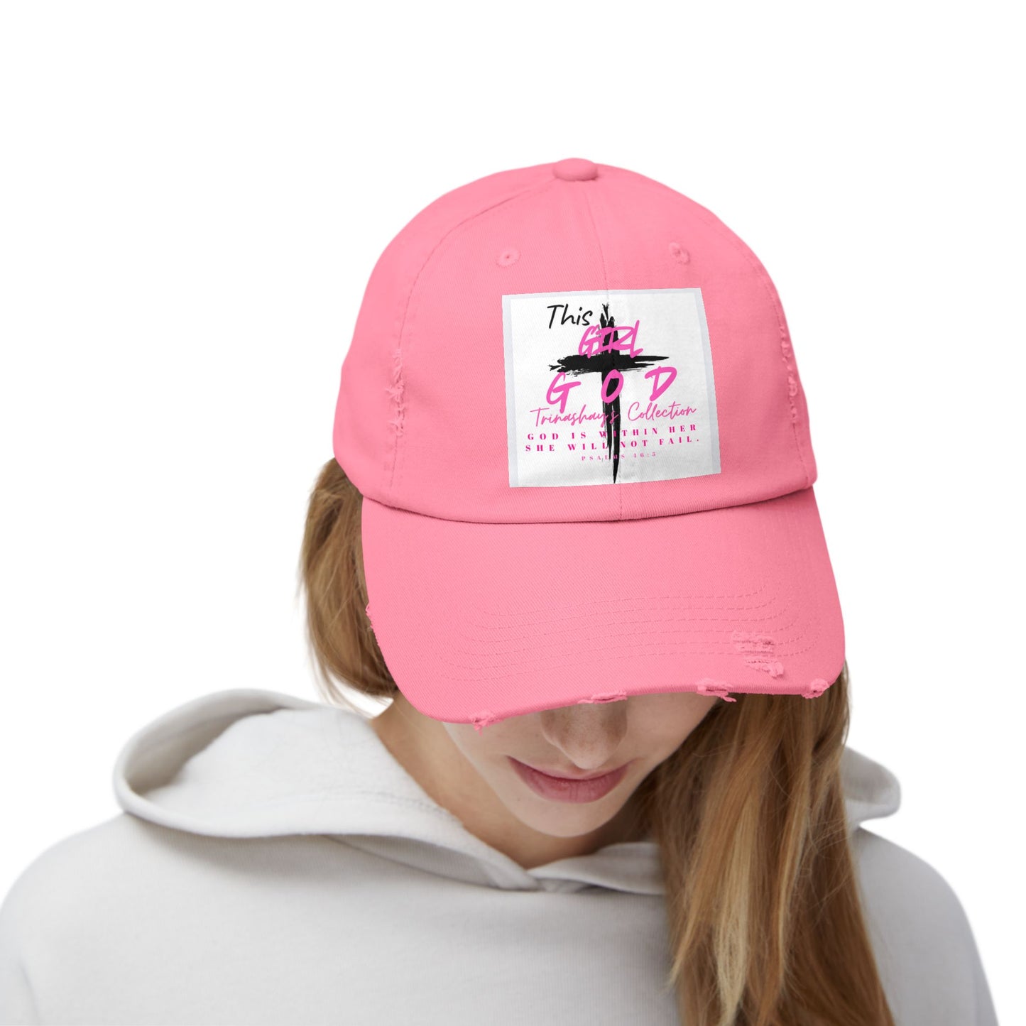 Distressed Dad Hat — 'This Is God' Pink Cross Graphic Patch Cap