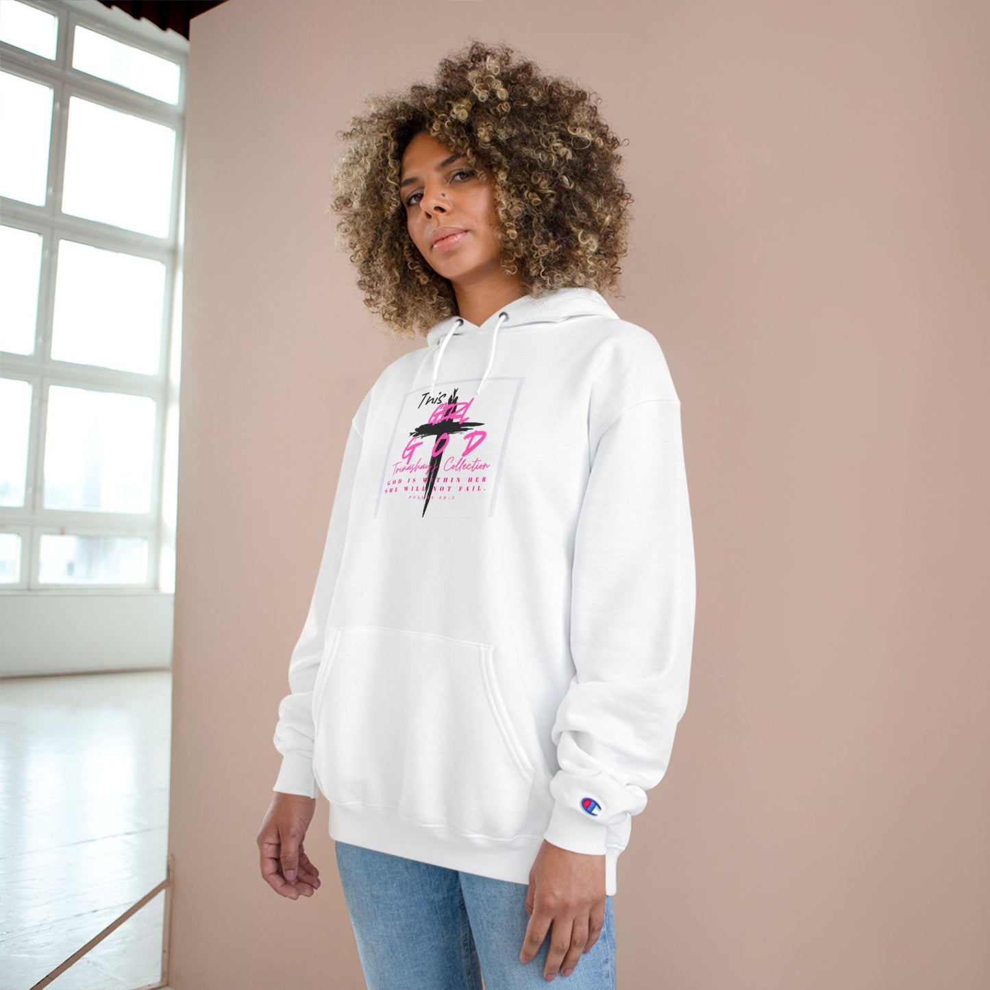 White Champion Hoodie — 'This Is God' Cross Graphic Christian Faith Sweatshirt