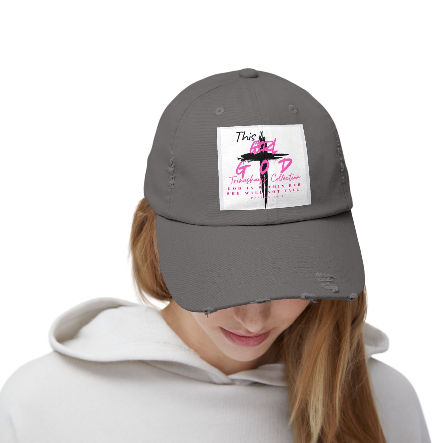 Distressed Dad Hat — 'This Is God' Pink Cross Graphic Patch Cap