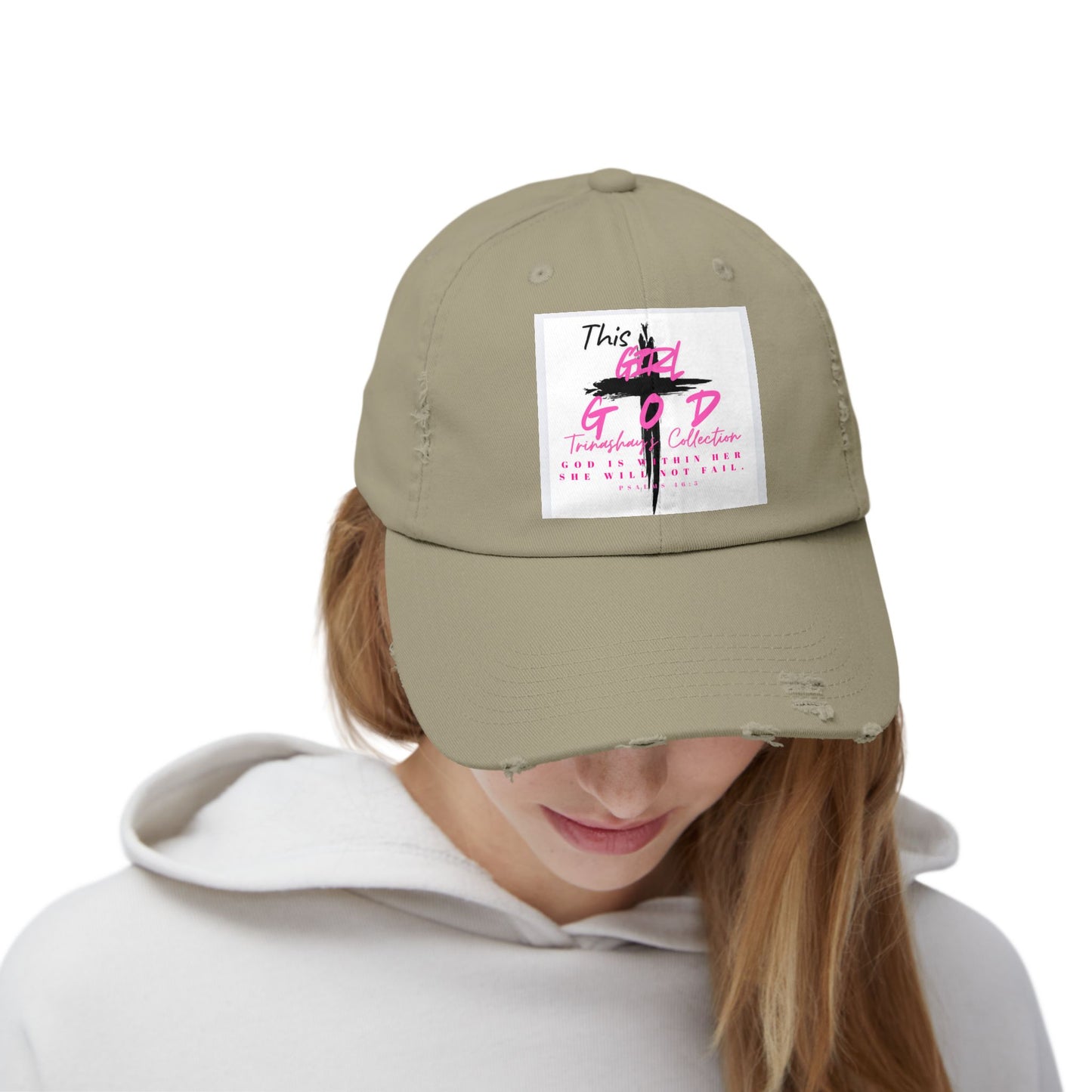Distressed Dad Hat — 'This Is God' Pink Cross Graphic Patch Cap