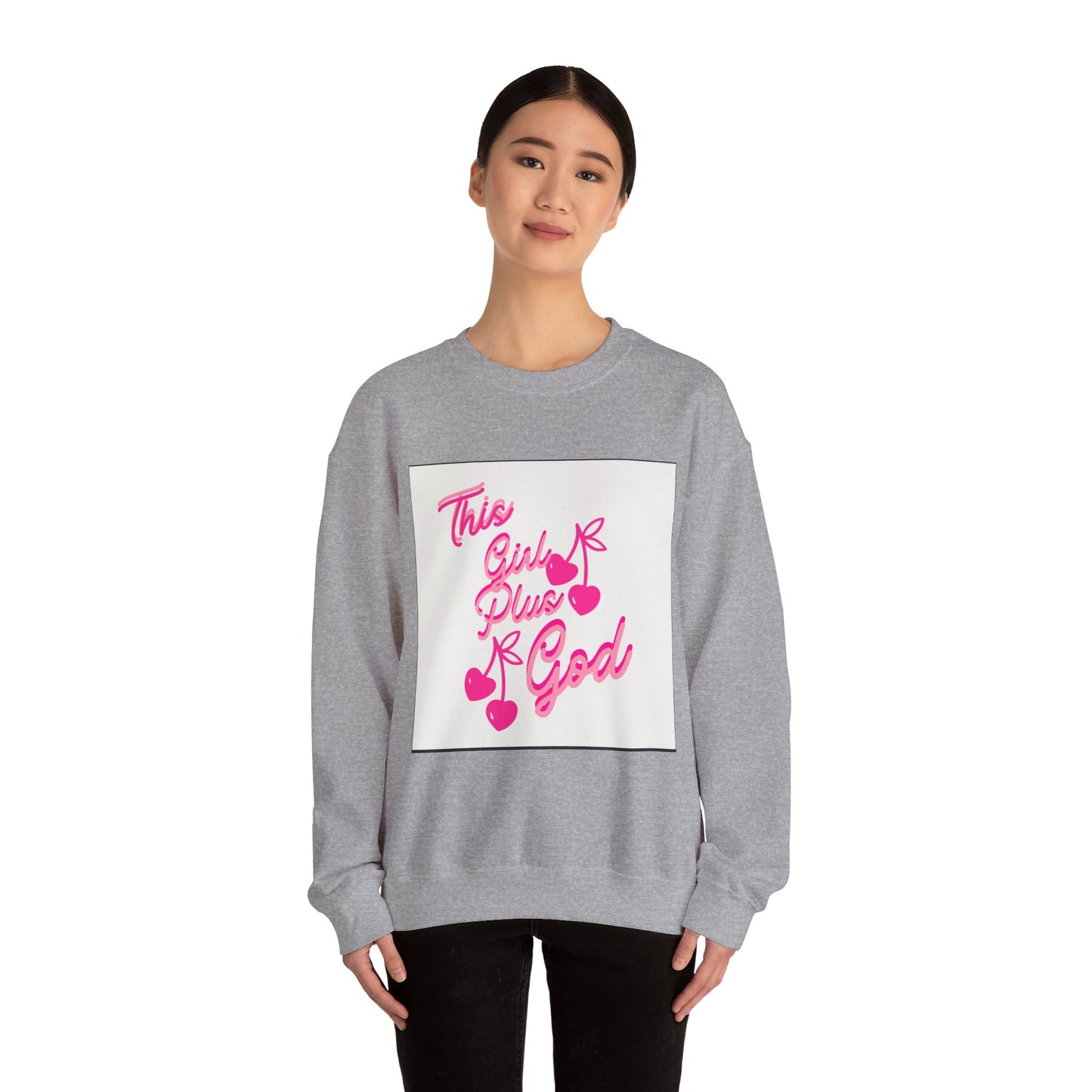 Crewneck Sweatshirt — "This Girl Plus God" Pink Script Graphic