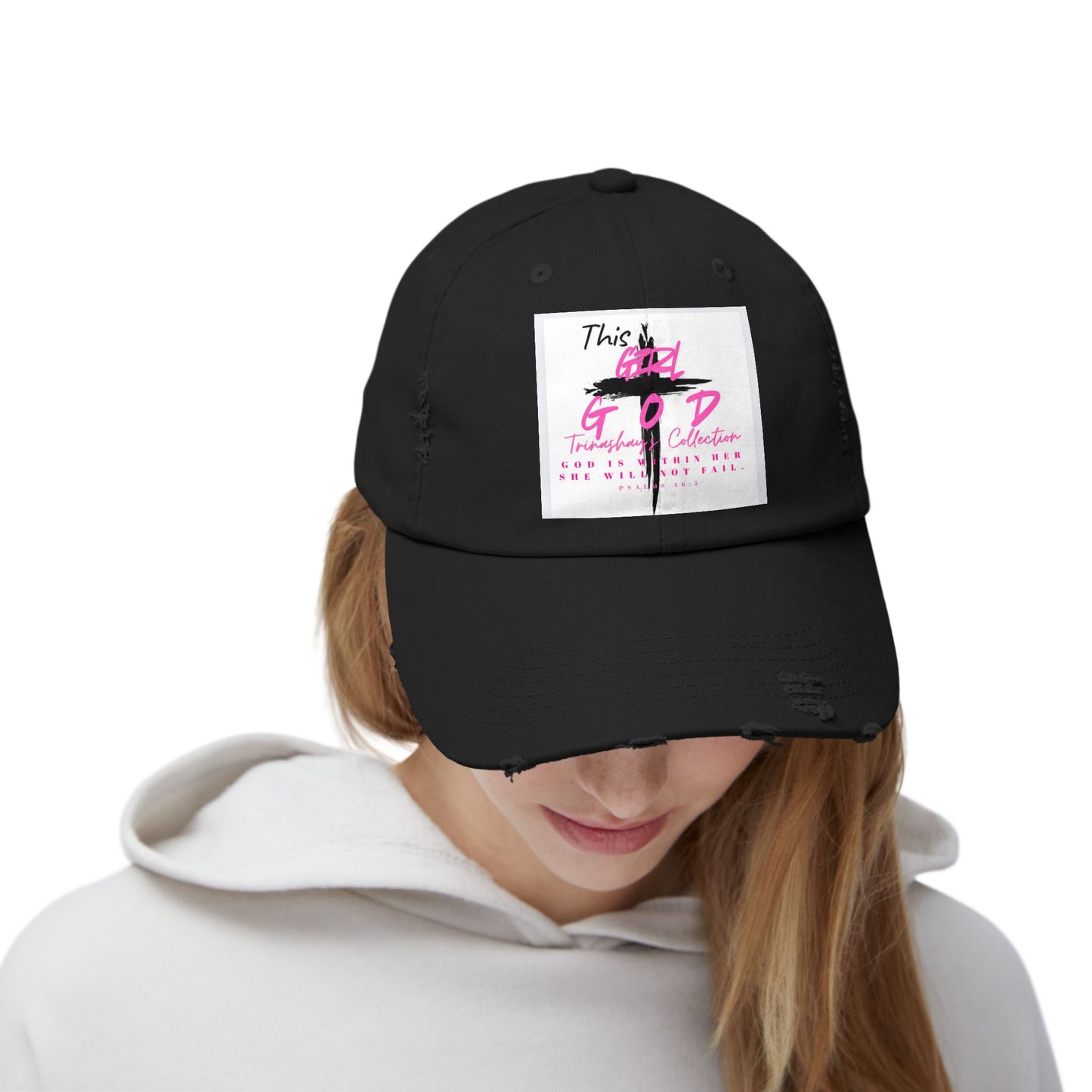 Distressed Dad Hat — 'This Is God' Pink Cross Graphic Patch Cap