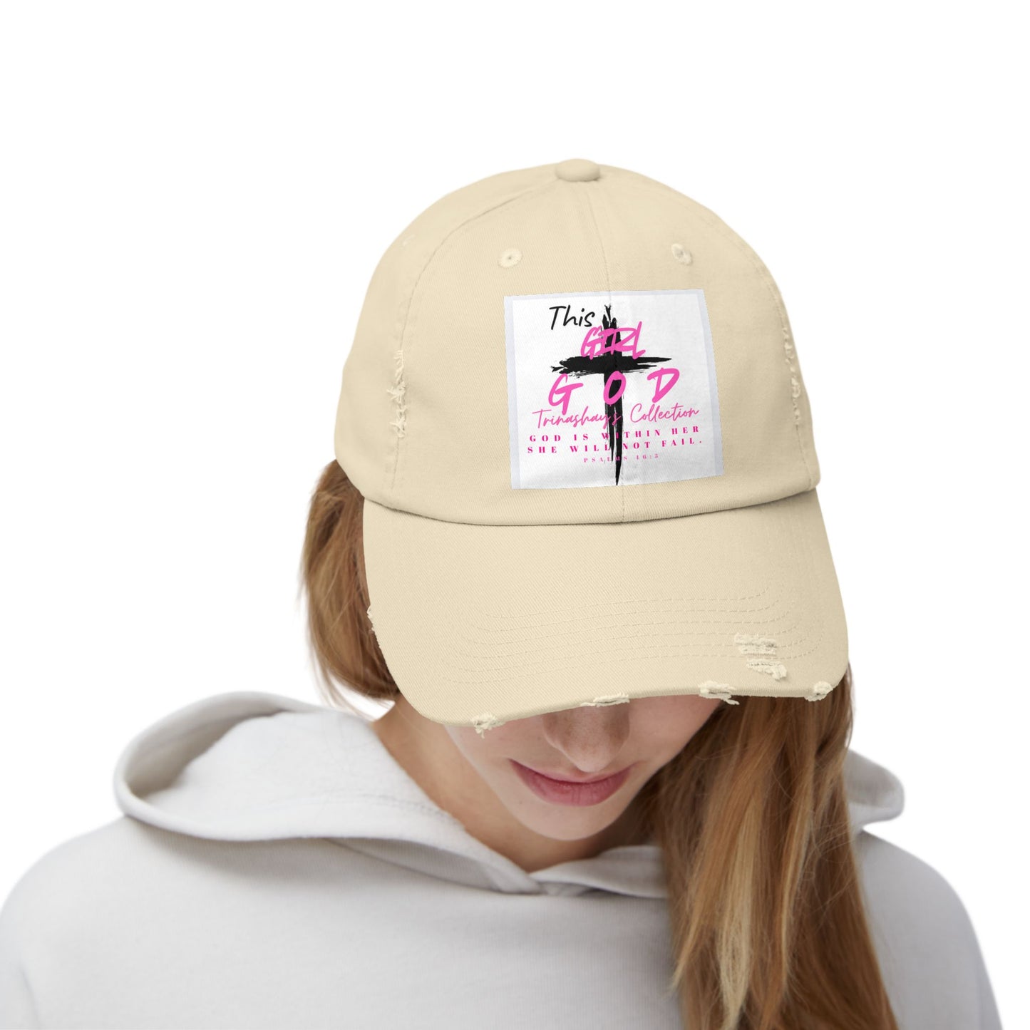 Distressed Dad Hat — 'This Is God' Pink Cross Graphic Patch Cap