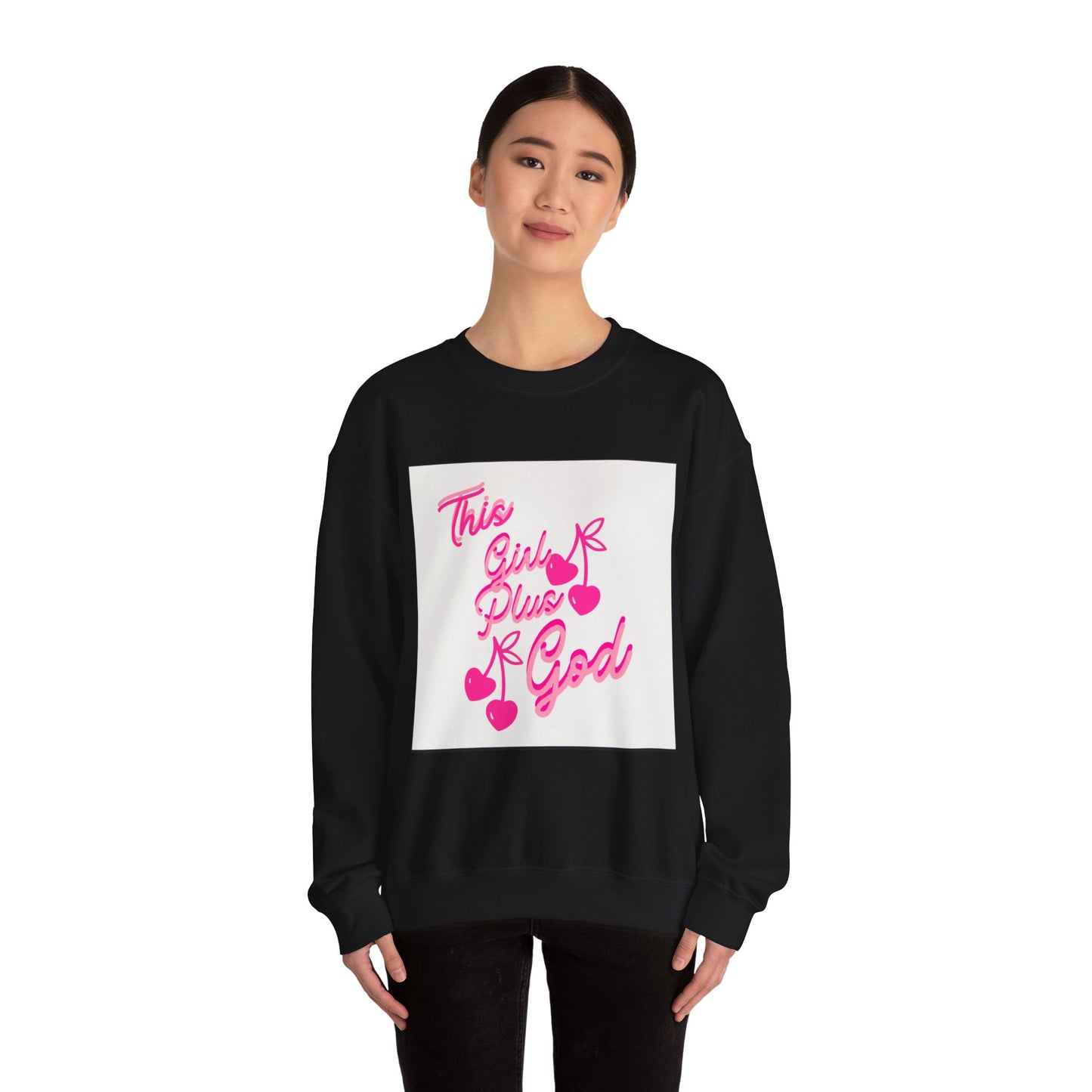 Crewneck Sweatshirt — "This Girl Plus God" Pink Script Graphic