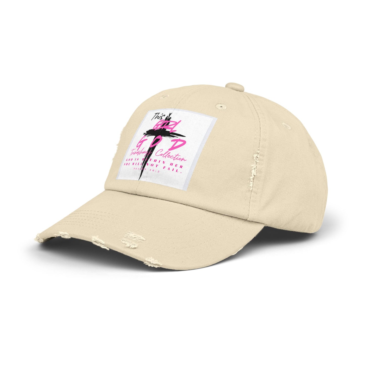 Distressed Dad Hat — 'This Is God' Pink Cross Graphic Patch Cap