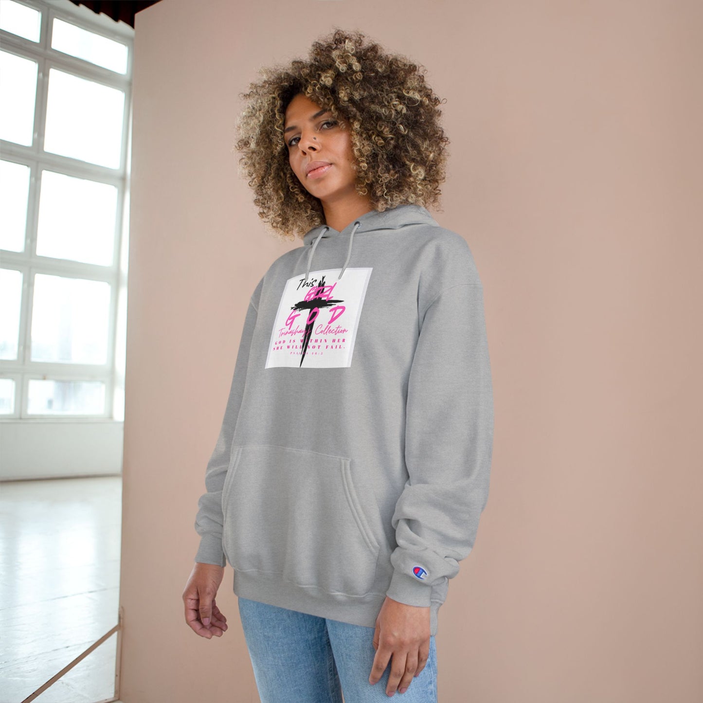 White Champion Hoodie — 'This Is God' Cross Graphic Christian Faith Sweatshirt