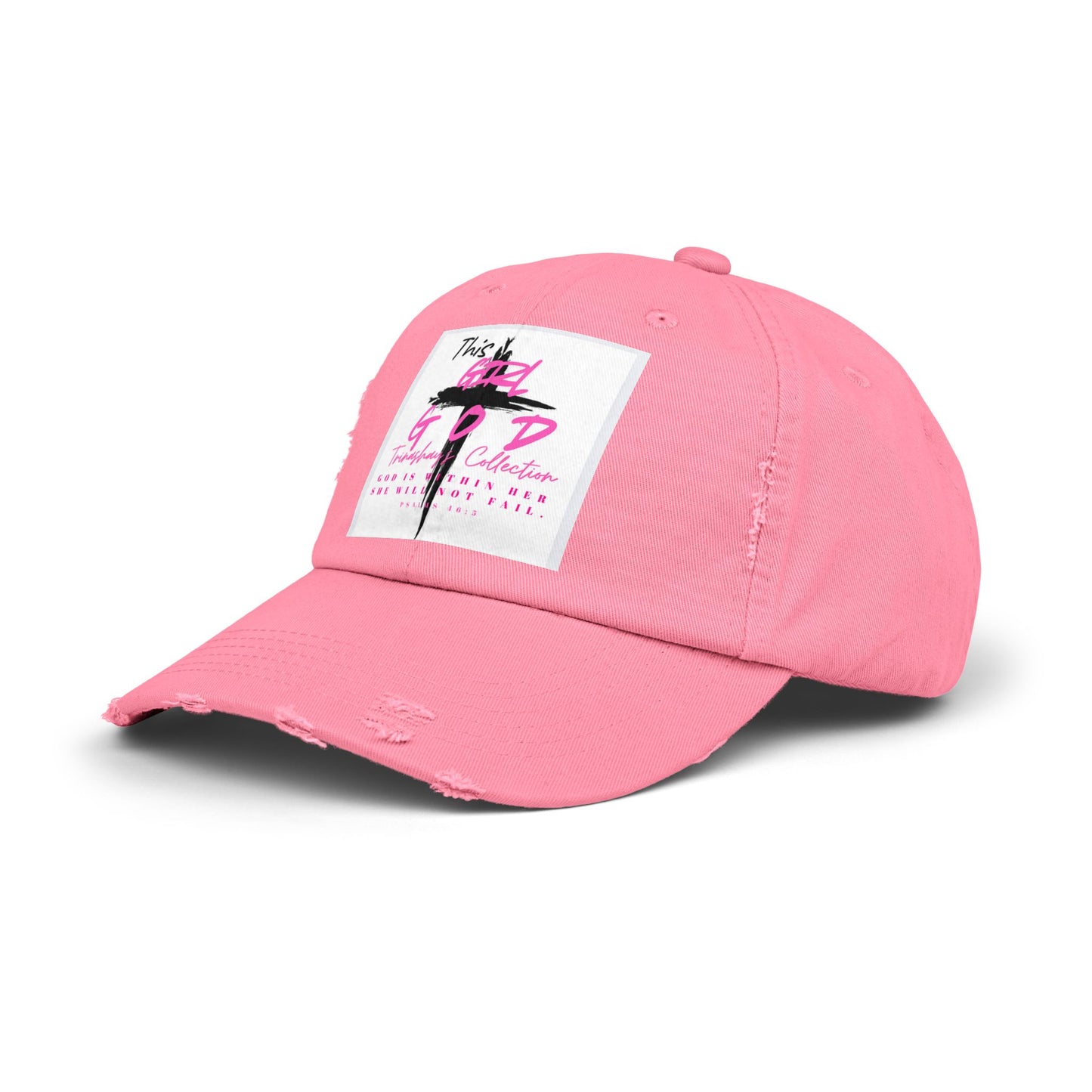 Distressed Dad Hat — 'This Is God' Pink Cross Graphic Patch Cap