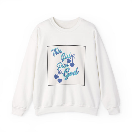 Crewneck Sweatshirt — "This Guy Plus God" Blue Heart Faith Graphic