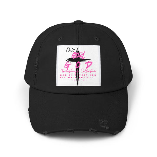 Distressed Dad Hat — 'This Is God' Pink Cross Graphic Patch Cap