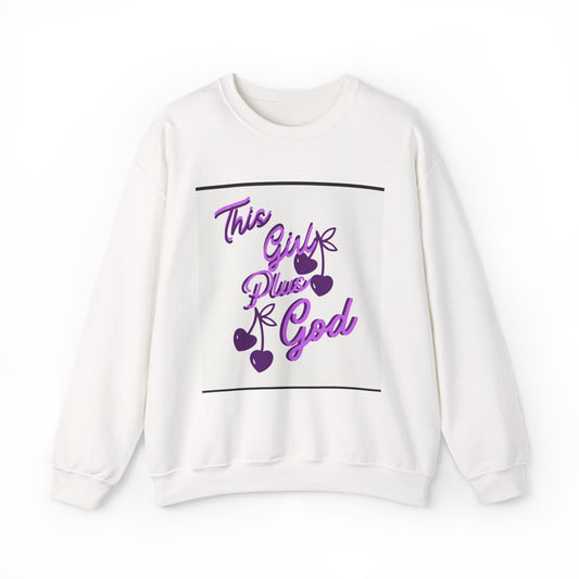 This Girls Place Is God Crewneck Sweatshirt — Purple Script Cherry Graphic