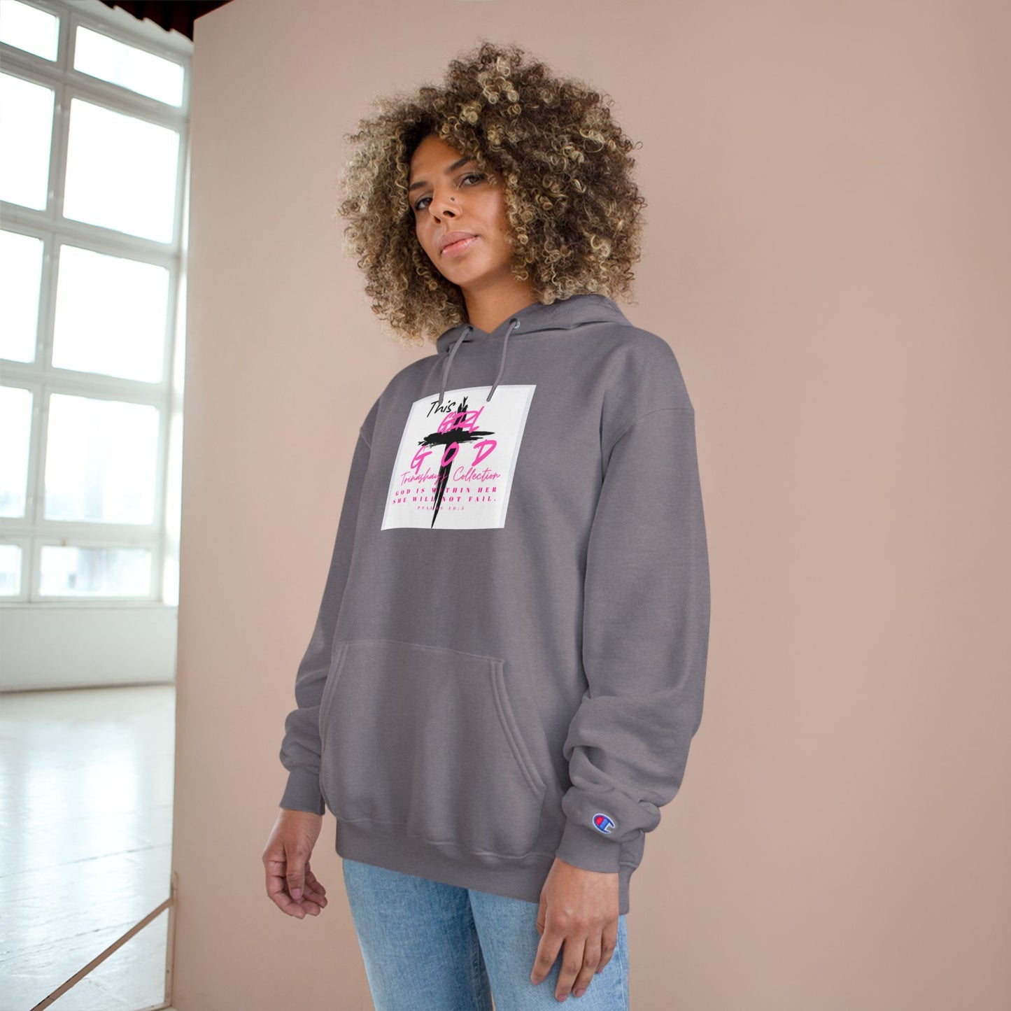 White Champion Hoodie — 'This Is God' Cross Graphic Christian Faith Sweatshirt