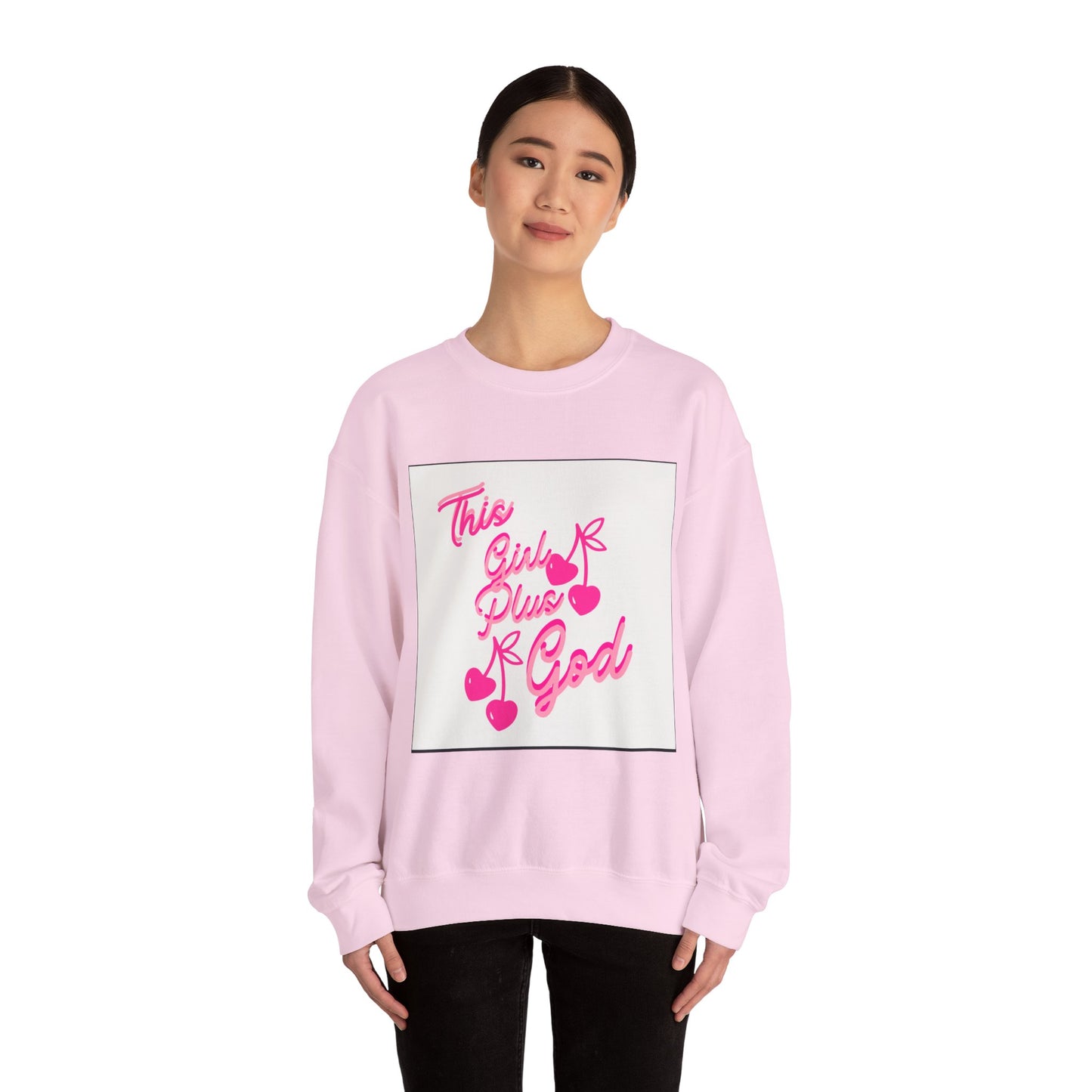Crewneck Sweatshirt — "This Girl Plus God" Pink Script Graphic