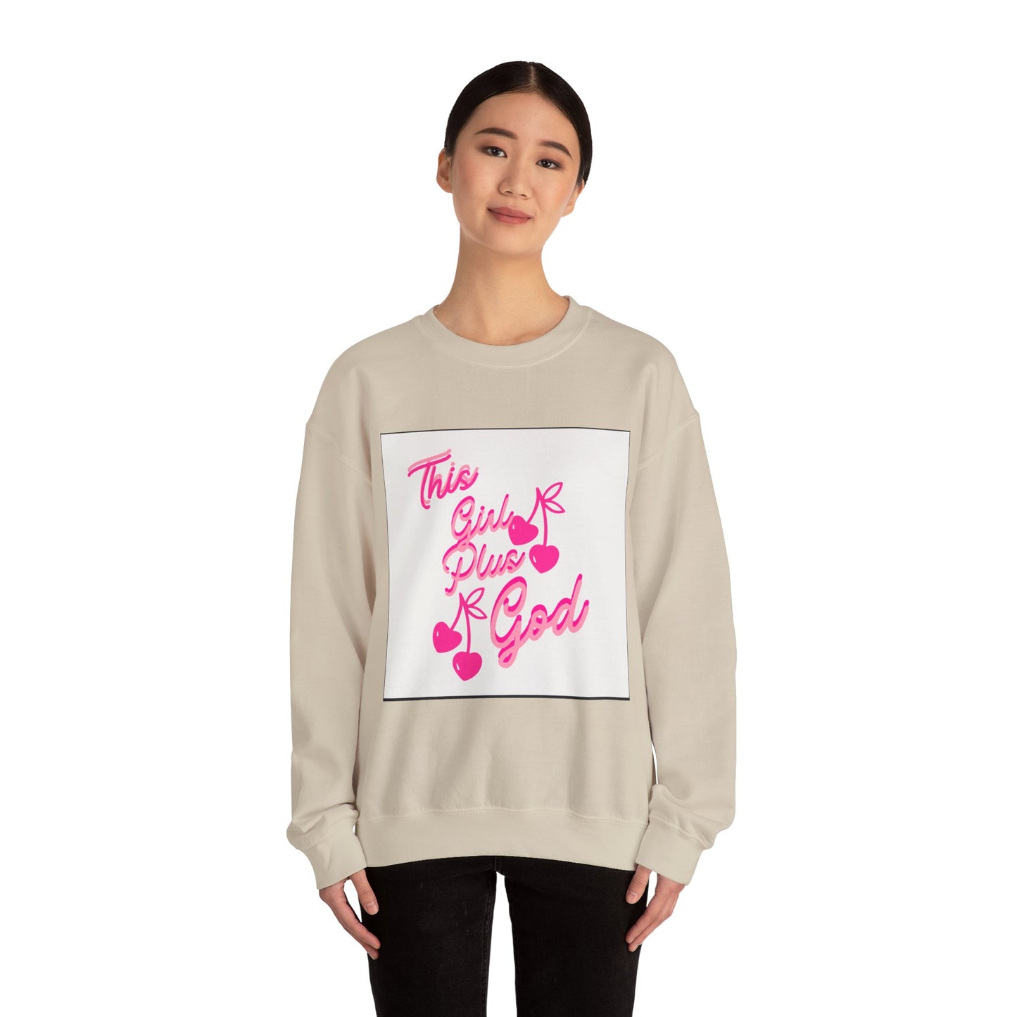 Crewneck Sweatshirt — "This Girl Plus God" Pink Script Graphic